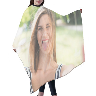 Personality  Beautiful Young Woman Making Selfie And Grimacing Hair Cutting Cape