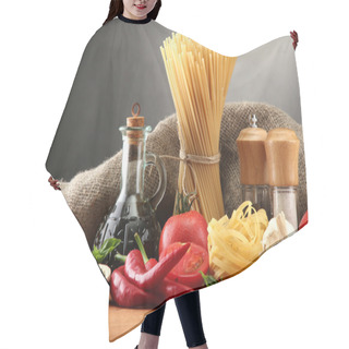 Personality  Pasta Spaghetti, Vegetables And Spices, On Wooden Table, On Grey Background Hair Cutting Cape