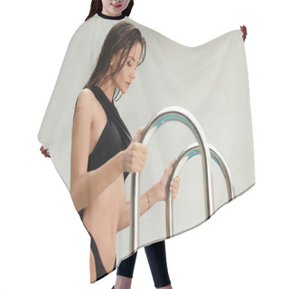 Personality  Attractive Woman With Tattoo Standing In Swimwear And Holding A Handrail In A Swimming Pool Hair Cutting Cape
