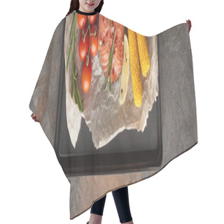 Personality  Panoramic Shot Of Uncooked Salmon Steak With Tomatoes, Corn, Rosemary, Lemon And Pepper On Bakery Paper On Oven Tray Hair Cutting Cape