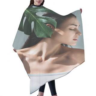 Personality  Attractive Woman Posing With Tropical Leaf Hair Cutting Cape