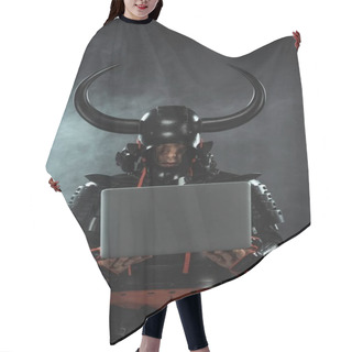 Personality  Armored Samurai Warrior Using Laptop On Dark Background With Smoke Hair Cutting Cape