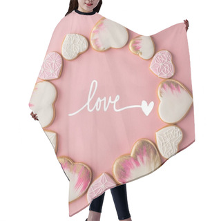 Personality  Flat Lay With Arrangement Of Glazed Heart Shaped Cookies Isolated On Pink Surface Hair Cutting Cape