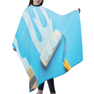 Personality  Top View Of Roller And Brush With Dripping Paper Cut Paint On Bright Blue Background  Hair Cutting Cape