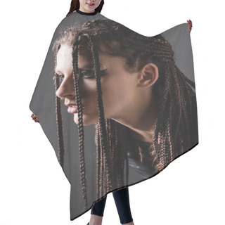 Personality  Portrait Of Young Woman With Stylish Makeup And Dreadlocks Isolated On Grey Hair Cutting Cape