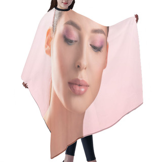 Personality  Portrait Of Beautiful Naked Woman With Shiny Makeup Isolated On Pink Hair Cutting Cape