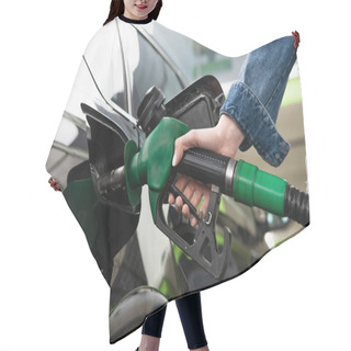 Personality  Cropped View Of Woman Fueling Car On Gas Station Hair Cutting Cape