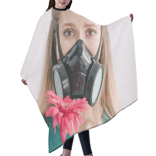 Personality  Blonde Woman With Pollen Allergy Wearing Respiratory Mask And Looking At Camera Near Pink Gerbera Flower  Hair Cutting Cape