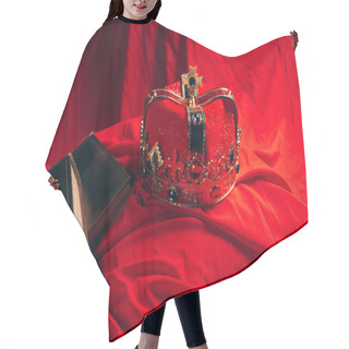 Personality  Ancient Golden Crown With Gemstones On Red Cloth With Books Hair Cutting Cape