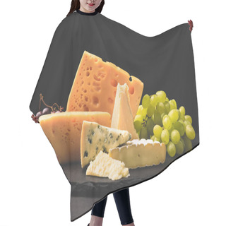 Personality  Closeup Shot Of Different Types Of Cheese On Board With Grapes On Black  Hair Cutting Cape
