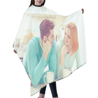 Personality  Happy Young Couple Drinking Tea Hair Cutting Cape