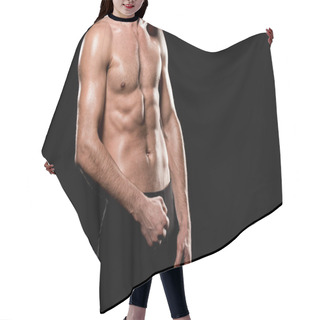 Personality  Cropped View Of Muscular Sportsman Standing Isolated On Black Hair Cutting Cape