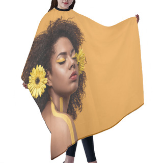 Personality  Young Bright African American Woman With Artistic Make-up And Gerbera In Hair Dreaming Isolated On Orange Background Hair Cutting Cape