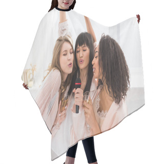 Personality  Beautiful Happy Multicultural Girls Singing With Microphone On Pajama Party Hair Cutting Cape