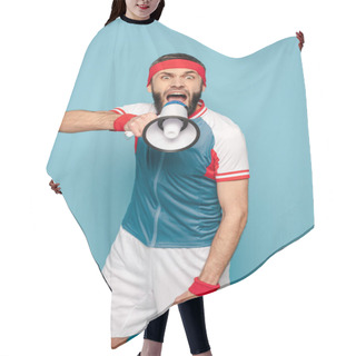 Personality  Emotional Stylish Sportsman With Loudspeaker On Blue Background Hair Cutting Cape