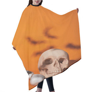 Personality  Skulls With Bats Shadow On Orange Background, Halloween Decoration Hair Cutting Cape