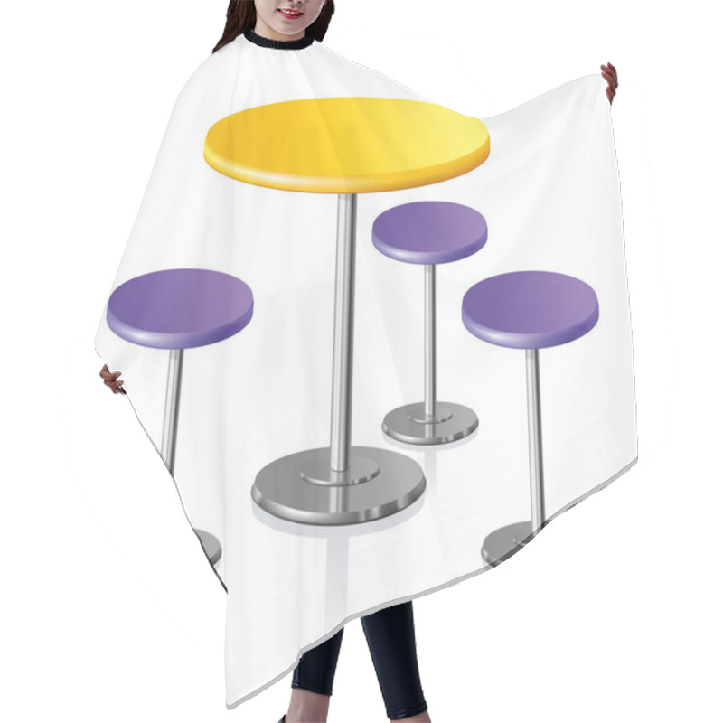 Personality  Big disk shape pale grey stylish 3d padded board and pews stand on one shiny foot on light background. Club rest trendy retro design. Closeup side view with space for text hair cutting cape