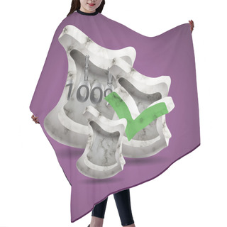 Personality  Circular Shaped 3D Text ( Old, Dirty White)a Nd A Green Check Mark. On Violete Background. Hair Cutting Cape