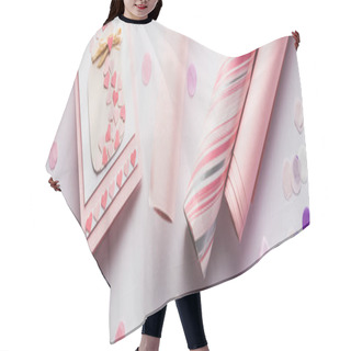 Personality  Top View Of Valentines Decoration, Gifts, Hearts And Wrapping Paper On White Background, Panoramic Shot Hair Cutting Cape