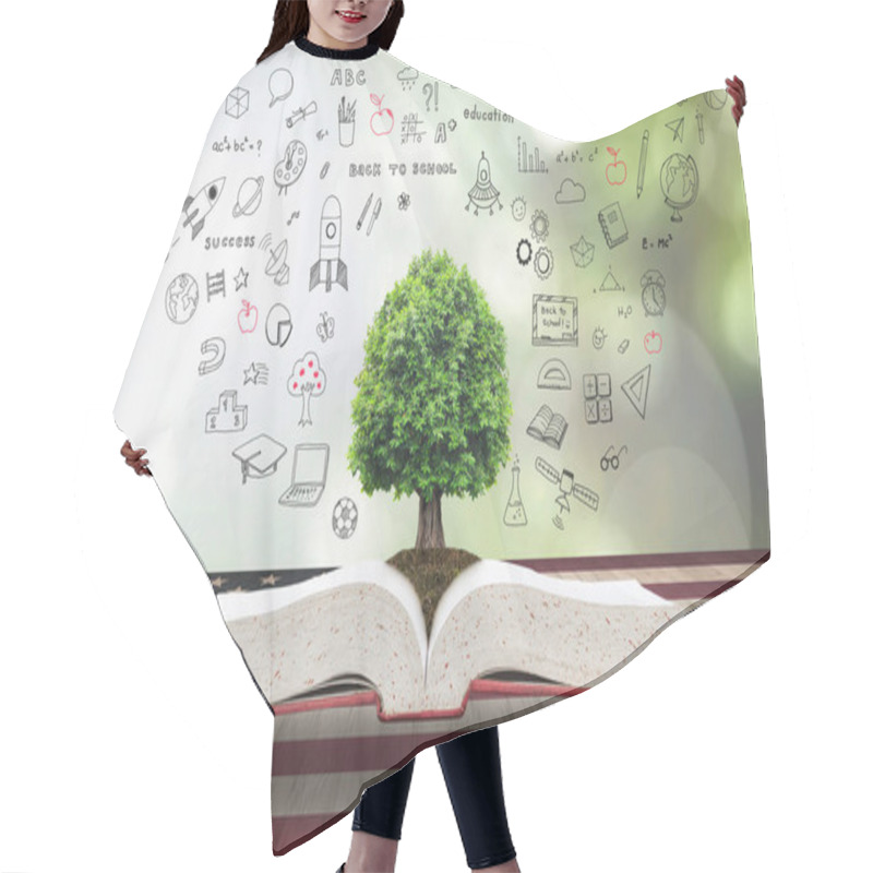 Personality  Tree Of Knowledge And Life Growing From Big Archive Open Textbook With Doodle On USA Flag Pattern On Wood Table: Read Across America Day Concept Hair Cutting Cape