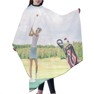 Personality  Side View Of Woman In Polo And Cap Playing Golf At Golf Course Hair Cutting Cape