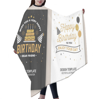 Personality  Wish You A Very Happy Birthday Dear Friend. Badge, Card, With Birthday Hat, Firework And Cake With Candles. Vector. Vintage Typographic Design For Birthday Celebration Emblem In Retro Style Hair Cutting Cape