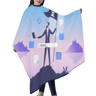 Personality  Internet Pirate - Businessman With Pirate Flag Holding Laptop And Downloading Files And Software. Online Piracy Concept. Vector Illustration Hair Cutting Cape
