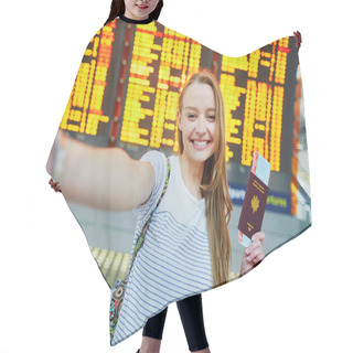 Personality  Girl In International Airport, Taking Funny Selfie With Passport And Boarding Pass Near Flight Information Board Hair Cutting Cape