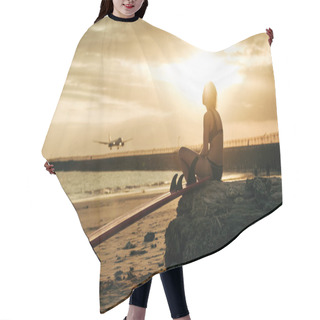 Personality  Woman Sitting On Rock With Surfboard On Beach At Sunset With Airplane In Sky Hair Cutting Cape