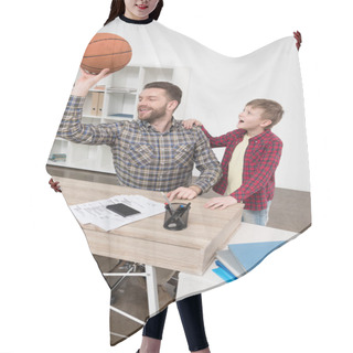 Personality  Businessman With Son At Home Office Hair Cutting Cape