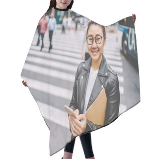Personality  Half Length Portrait Of Beautiful Prosperous Asian Woman Strolling At Urban City Setting And Using Modern Technology.Cute Cheerful Hipster Girl Looking At Camera While Sending Messages To Friends Hair Cutting Cape
