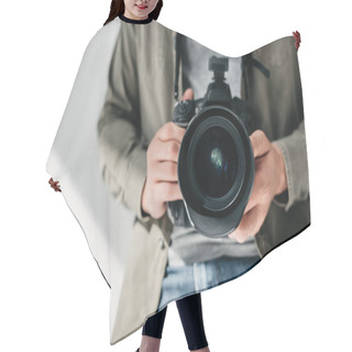 Personality  Photographer With Digital Photo Camera Hair Cutting Cape
