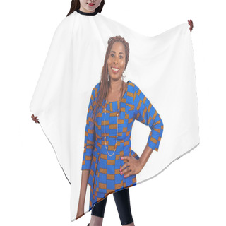 Personality  Beautiful African Businesswoman In Traditional Dress Standing On White Background Hand On Hip Smiling To Look At Camera Hair Cutting Cape