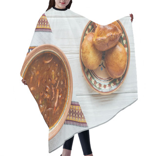 Personality  Delicious Traditional Mixed Meat Soup With Mini Pies And Embroidered Towel On White Wooden Background Hair Cutting Cape