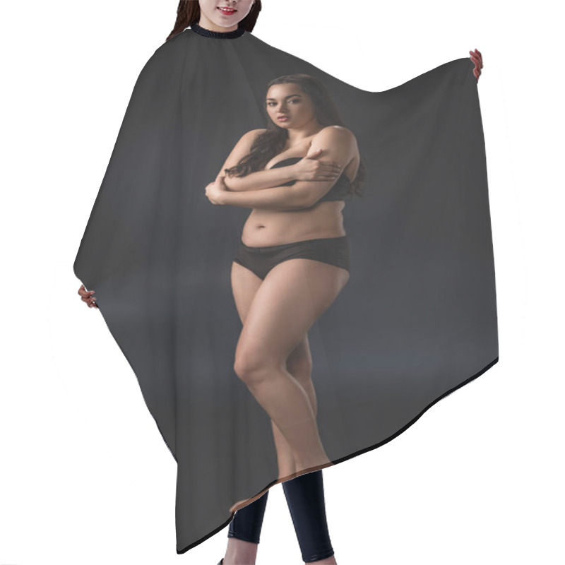 Personality  Full Length View Of Plus Size Girl Hugging Herself On Black Background Hair Cutting Cape