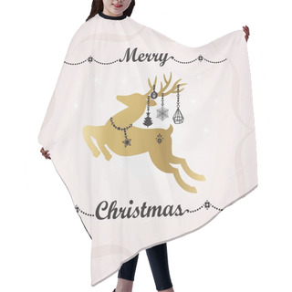 Personality  Black And Golden Merry Christmas Banner Decoration And Cute Jumping Reindeer With Hanging Holiday Ornaments And Star Necklace On Pink Gradient Background Hair Cutting Cape