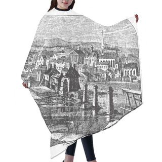 Personality  Picture Is Showing Fredericksburg City's Houses Located Near Where The Rappahannock River Crosses The Atlantic Seaboard Fall Line, Vintage Line Drawing Or Engraving Illustration. Hair Cutting Cape