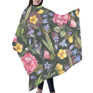 Personality  Watercolor Floral Seamless Pattern With Hand-drawn Illustrations. Roses, Buttercups, Lavender, Bluebells On A Dark Background. Floral Illustration For Wrapping Paper, Textile, Decorations. Hair Cutting Cape