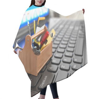 Personality  Online Support. Toolbox With Tools On Laptop. Hair Cutting Cape