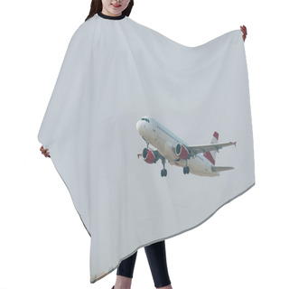 Personality  Airplane Departure From Airport Runway With Cloudy Sky At Background Hair Cutting Cape