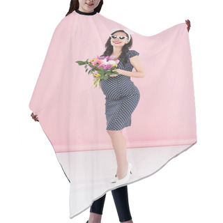 Personality  Pretty Pregnant Woman In Sunglasses Holding Flower Bouquet On Pink Background Hair Cutting Cape