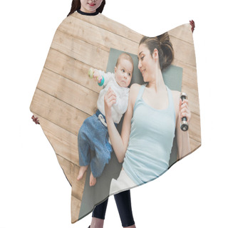 Personality  Mother And Baby Boy Playing With Dumbbells Hair Cutting Cape