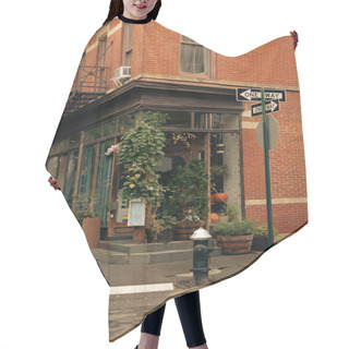 Personality  Red Brick Building With Green Potted Plants Near Shop With Showcases On Street With Road Signs In New York City Hair Cutting Cape