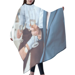 Personality  Cropped Image Of Men Holding Glasses In Hands  Hair Cutting Cape