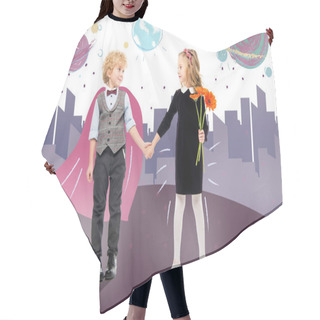 Personality  Happy Young Boy And Girl Hair Cutting Cape