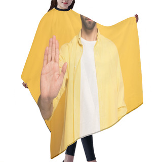Personality  Cropped View Of Man Showing Stop Sign On Yellow Background Hair Cutting Cape