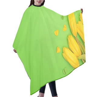 Personality  Top View Of Yellow Tulips And Decorative Hearts On Green, Spring Concept Hair Cutting Cape