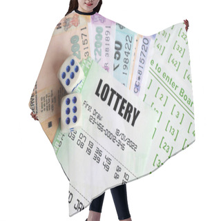 Personality  Green Lottery Tickets And Indian Rupees Money Bills On Blank With Numbers For Playing Lottery Close Up Hair Cutting Cape