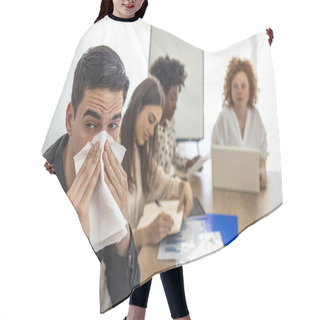 Personality  Cropped Shot Of A Businessman Suffering With Allergies In An Office. Shot Of A Frustrated Businessman Using A Tissue To Sneeze In While Being Seated In The Office. Working When Sick Hair Cutting Cape