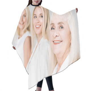 Personality  Selective Focus Of Three Generation Blonde Women Isolated On Grey Hair Cutting Cape